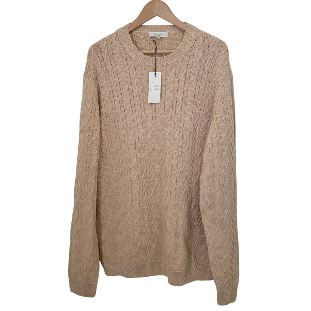 NWT TURNBURY Cable Knit Beige Crew Neck Long Sleeve Sweater 100% Cotton Men's L